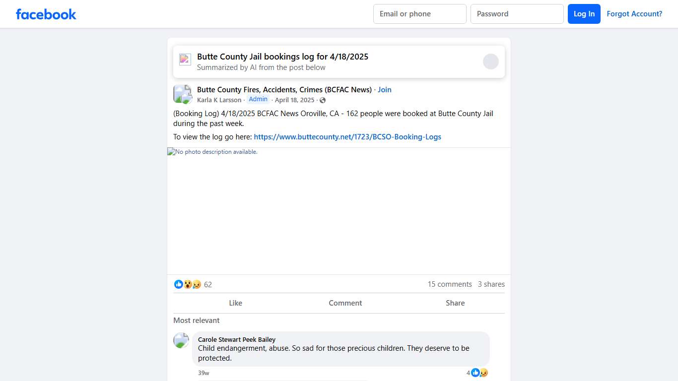 Butte County Fires, Accidents, Crimes (BCFAC News) | (Booking Log) 4/18/2025 BCFAC News Oroville, CA - 162 people were booked at Butte County Jail during the past week | Facebook