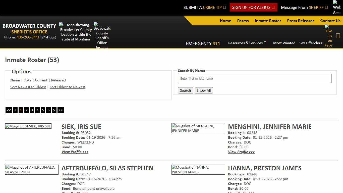 Inmate Roster - Page 1 Current Inmates Booking Date Descending - Broadwater County Sheriff